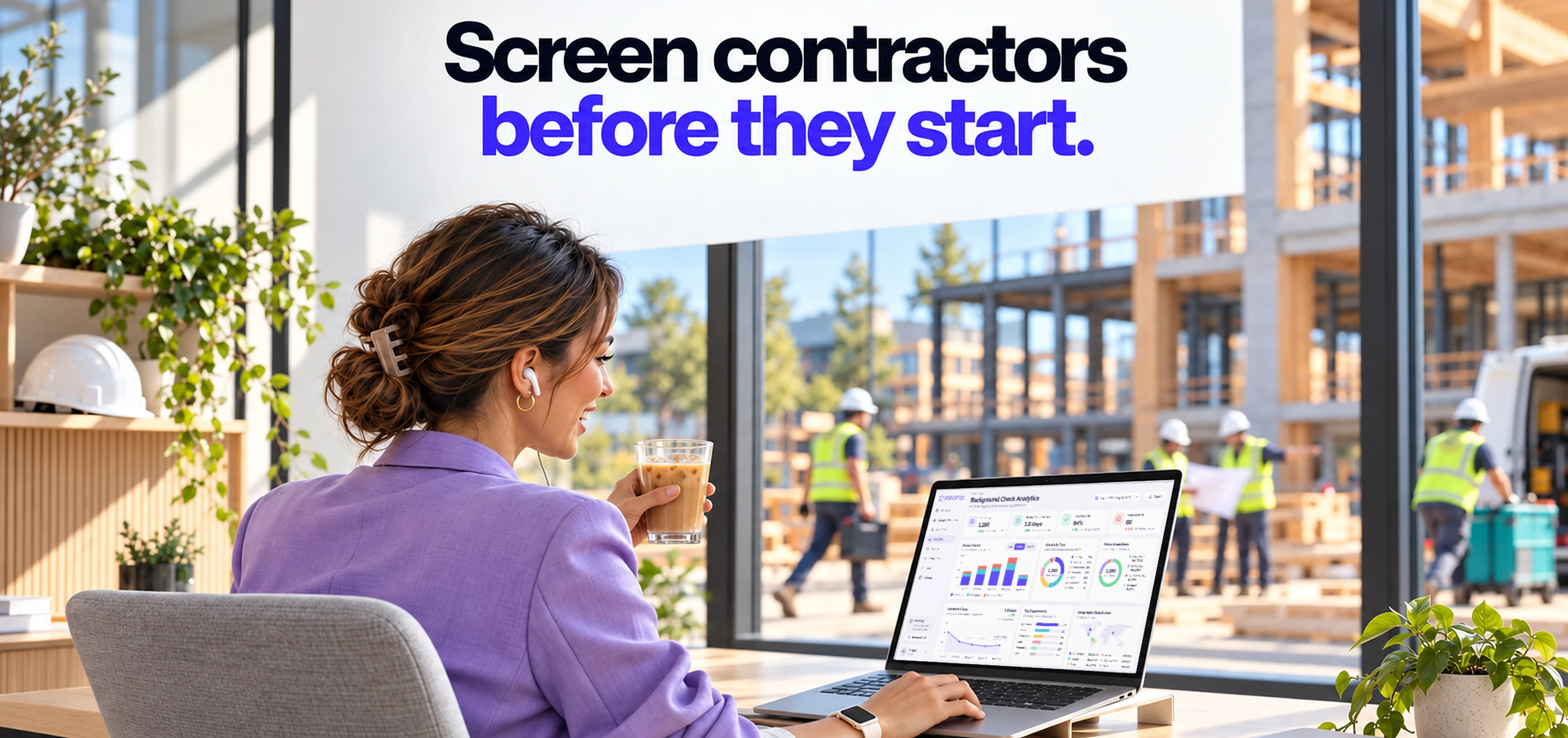 Screen contractors before they start. A project manager reviews PROFID background check analytics on her laptop while crews work on the construction site outside.